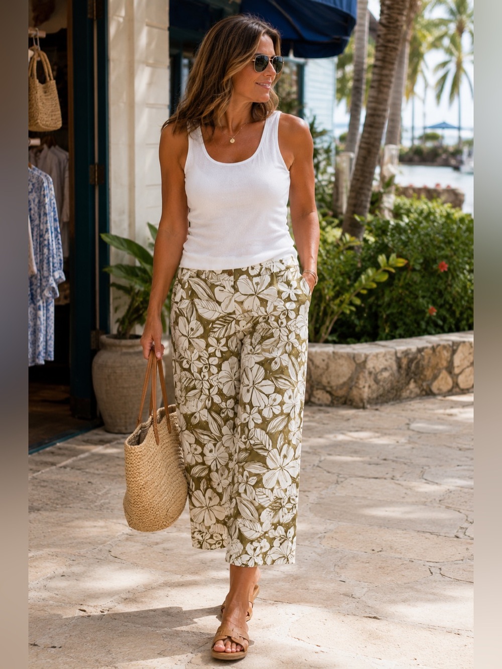 Tommy Bahama Silk Tropical Floral Wide Leg Capri Pants Size 8